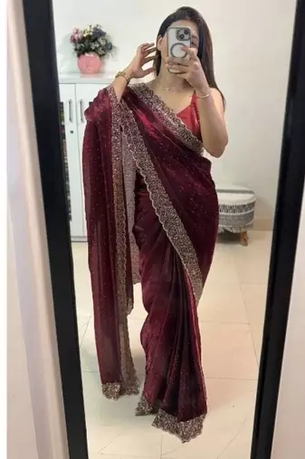 Maroon fendy chiffon saree with artisan hand work & swarovski blouse