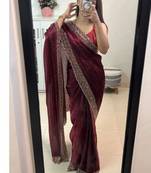 Maroon fendy chiffon saree with artisan hand work & swarovski blouse