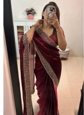 Maroon fendy chiffon saree with artisan hand work & swarovski blouse 2