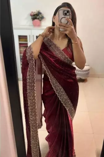 Maroon fendy chiffon saree with artisan hand work & swarovski blouse