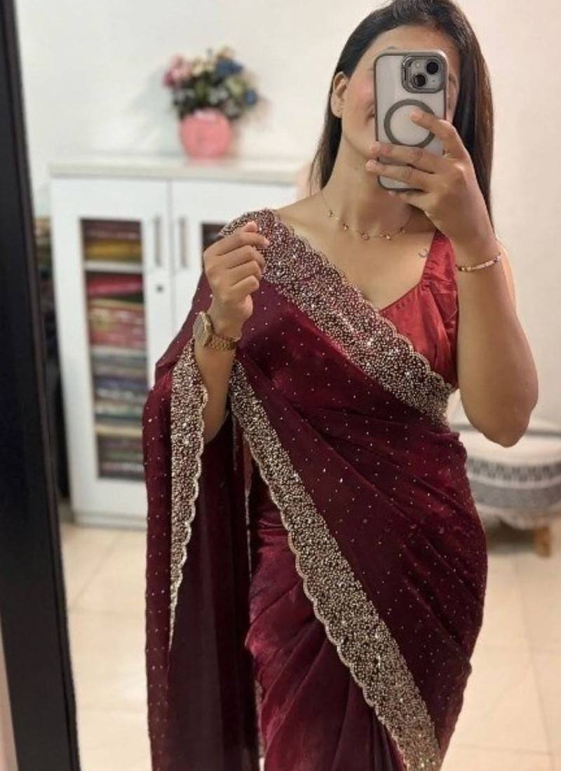 Maroon fendy chiffon saree with artisan hand work & swarovski blouse