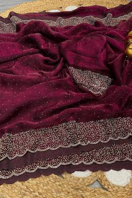 Maroon fendy chiffon saree with artisan hand work & swarovski blouse 4