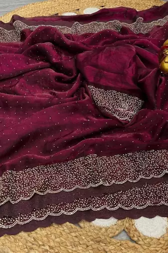 Maroon fendy chiffon saree with artisan hand work & swarovski blouse