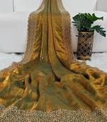 Olive gold fendy chiffon saree with artisan hand work & swarovski blouse