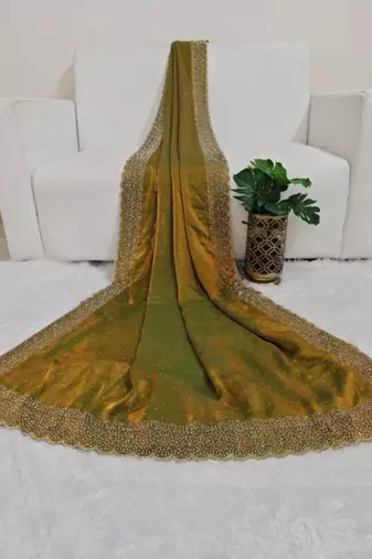 Olive gold fendy chiffon saree with artisan hand work & swarovski blouse