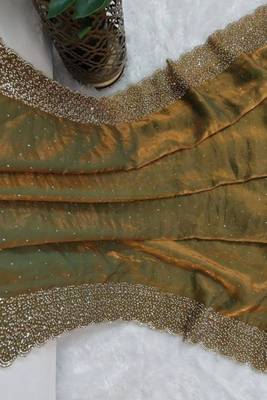 Olive gold fendy chiffon saree with artisan hand work & swarovski blouse 4