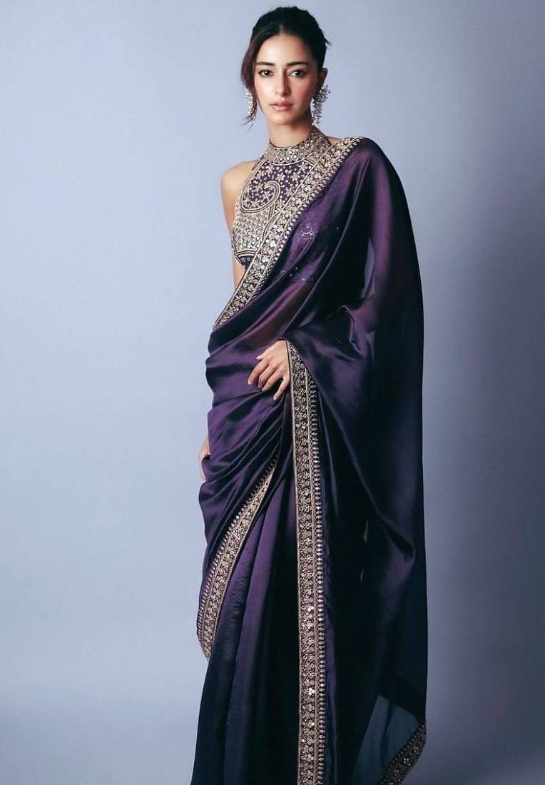 Bollywood style dark purple jimmy choo saree with sequins work