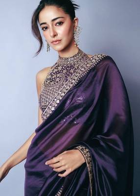 Bollywood style dark purple jimmy choo saree with sequins work 3
