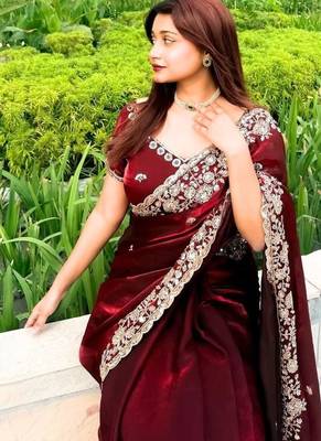 Maroon satin chiffon saree with handcrafted real beads work 1