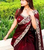 Maroon satin chiffon saree with handcrafted real beads work