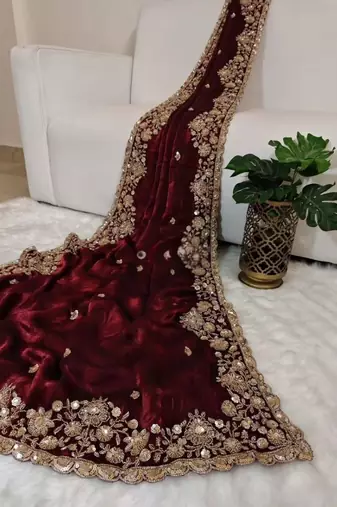 Maroon satin chiffon saree with handcrafted real beads work