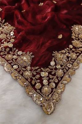 Maroon satin chiffon saree with handcrafted real beads work 3