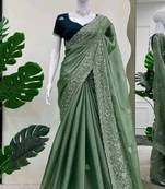 Olive green fendy chiffon saree with rich embroidery design