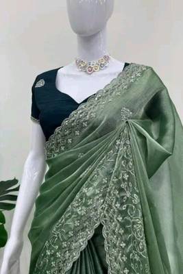 Olive green fendy chiffon saree with rich embroidery design 2