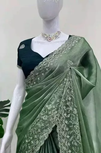 Olive green fendy chiffon saree with rich embroidery design