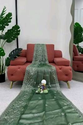 Olive green fendy chiffon saree with rich embroidery design 3