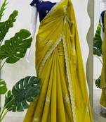 Vibrant yellow fendy crush saree with beautiful embroidery design work