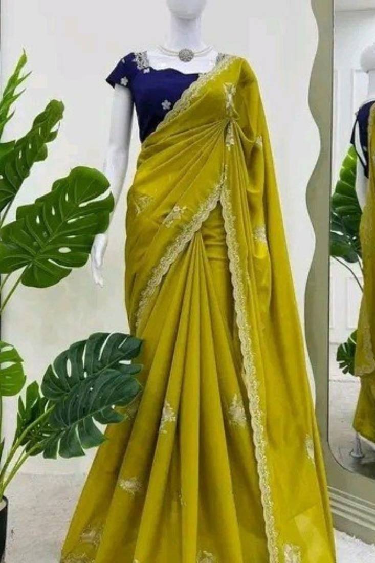 Vibrant yellow fendy crush saree with beautiful embroidery design work