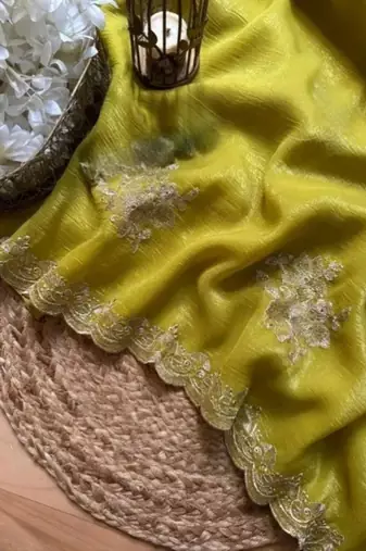 Vibrant yellow fendy crush saree with beautiful embroidery design work