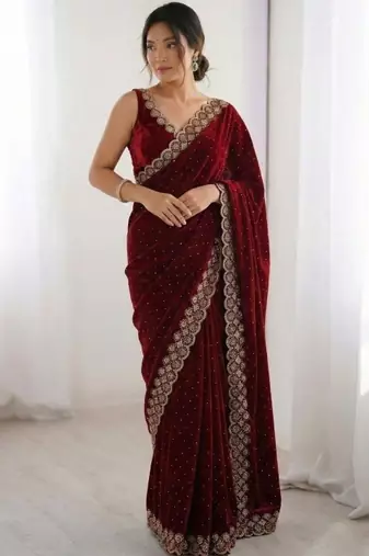 Maroon fendy chiffon saree with elegant diamond work & matching blouse