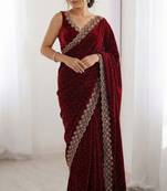Maroon fendy chiffon saree with elegant diamond work & matching blouse