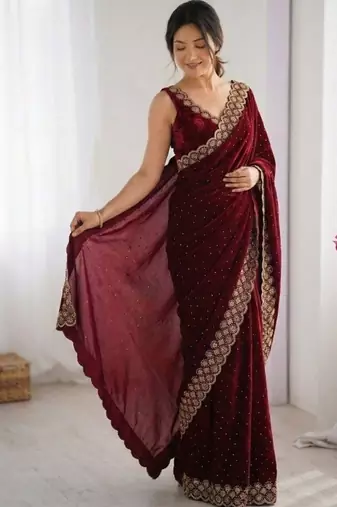 Maroon fendy chiffon saree with elegant diamond work & matching blouse