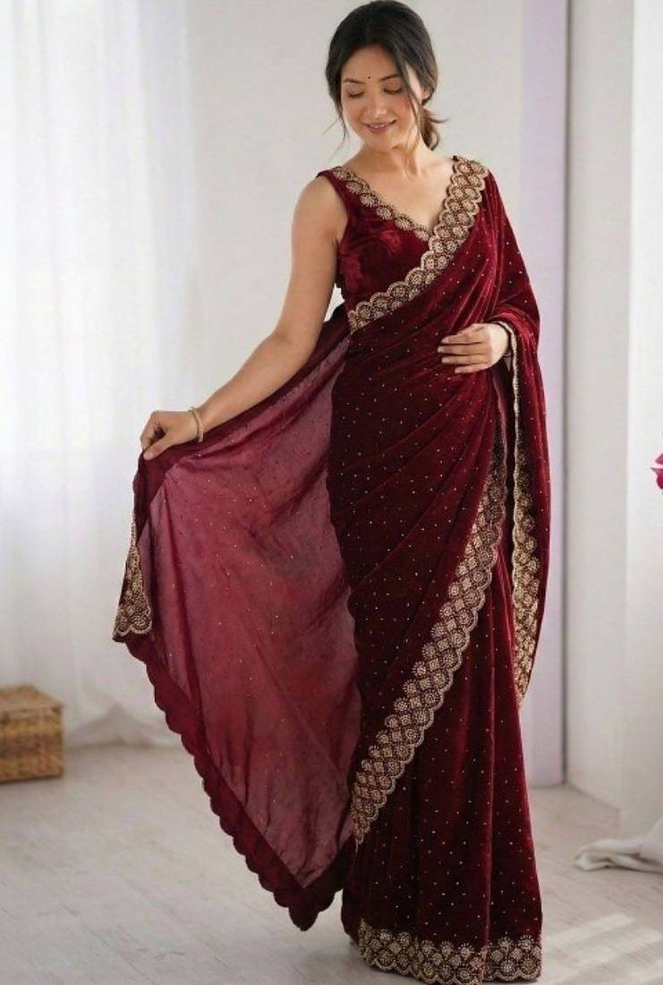 Maroon fendy chiffon saree with elegant diamond work & matching blouse