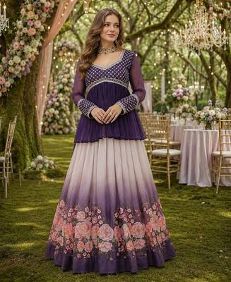 Violet Silk Free Size Stitched Lehenga Choli with Beads Embroidered & Printed Work 1