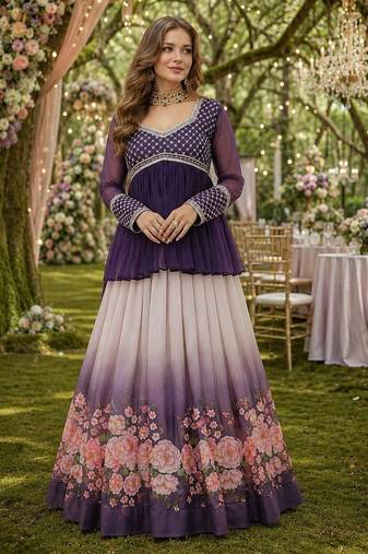 Violet Silk Free Size Stitched Lehenga Choli with Beads Embroidered & Printed Work