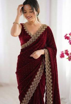 Maroon fendy chiffon saree with elegant diamond work & matching blouse 3