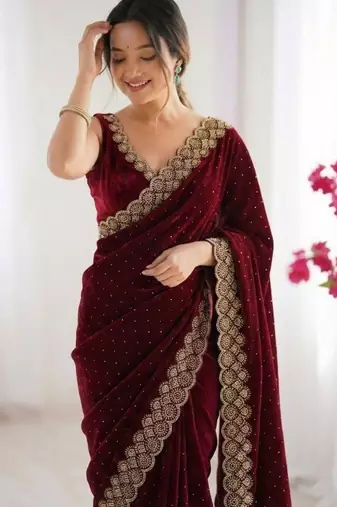 Maroon fendy chiffon saree with elegant diamond work & matching blouse