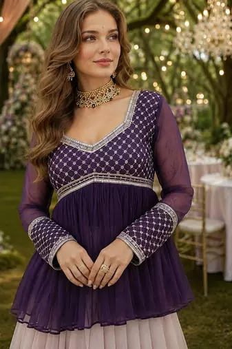 Violet Silk Free Size Stitched Lehenga Choli with Beads Embroidered & Printed Work