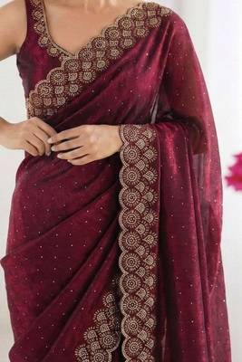 Maroon fendy chiffon saree with elegant diamond work & matching blouse 4