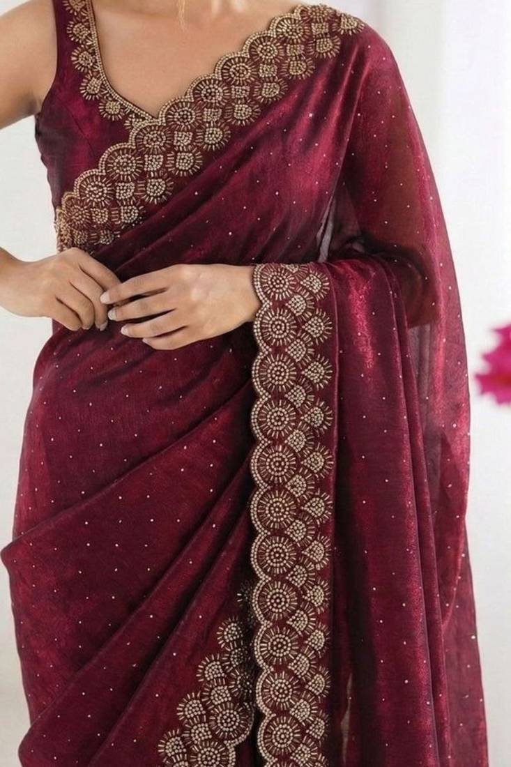 Maroon fendy chiffon saree with elegant diamond work & matching blouse
