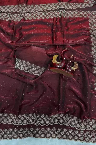Maroon fendy chiffon saree with elegant diamond work & matching blouse