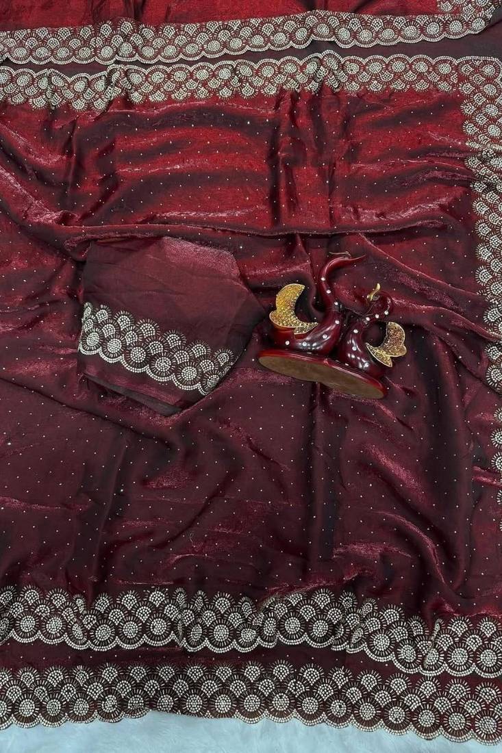 Maroon fendy chiffon saree with elegant diamond work & matching blouse