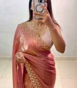 Peach fendy chiffon saree with elegant diamond work & matching blouse