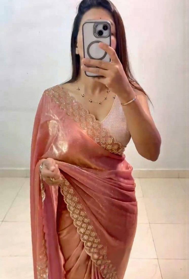 Peach fendy chiffon saree with elegant diamond work & matching blouse
