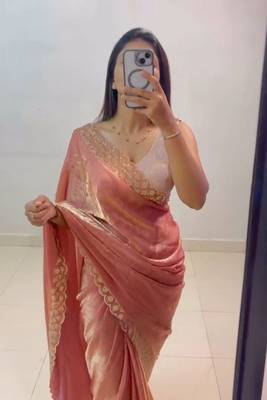 Peach fendy chiffon saree with elegant diamond work & matching blouse 2