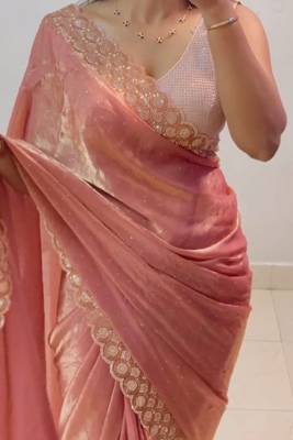 Peach fendy chiffon saree with elegant diamond work & matching blouse 3