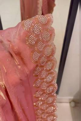 Peach fendy chiffon saree with elegant diamond work & matching blouse 4