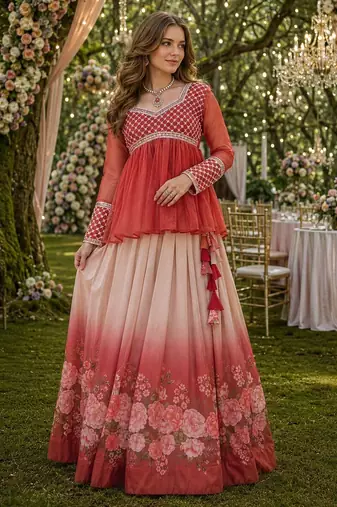 Rust silk blend Free Size Stitched Lehenga Choli with Beads Embroidered & Printed Work