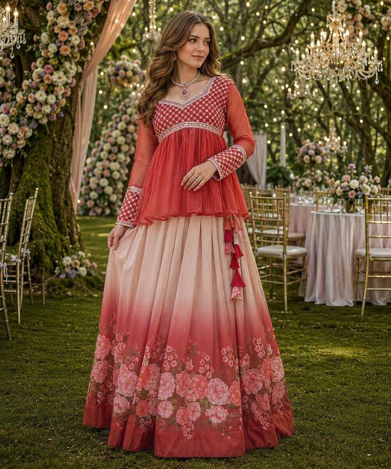 Rust silk blend Free Size Stitched Lehenga Choli with Beads Embroidered & Printed Work