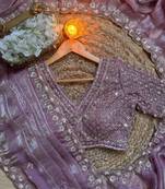 Lavender satin chiffon saree with handcrafted real beads work & satin blouse