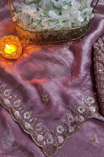 Lavender satin chiffon saree with handcrafted real beads work & satin blouse