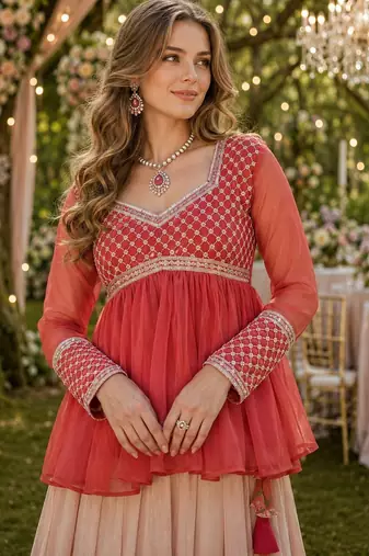 Rust silk blend Free Size Stitched Lehenga Choli with Beads Embroidered & Printed Work