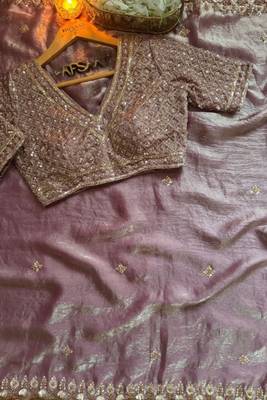 Lavender satin chiffon saree with handcrafted real beads work & satin blouse 3