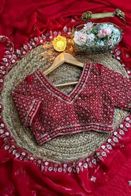 Red satin chiffon saree with handcrafted real beads work & satin blouse 1