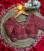Red satin chiffon saree with handcrafted real beads work & satin blouse