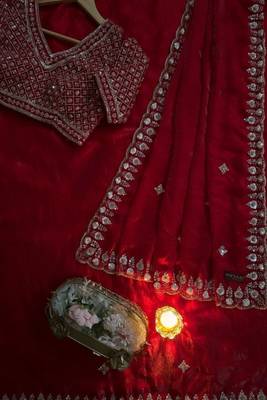 Red satin chiffon saree with handcrafted real beads work & satin blouse 2